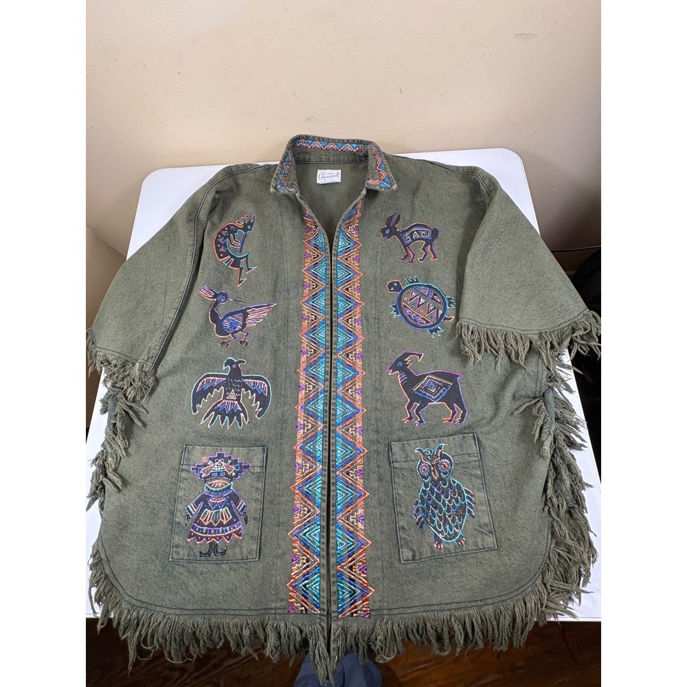 Vintage Carol Wilcher Signed L Fringe Poncho Jacket Southwestern Embroidered USA
